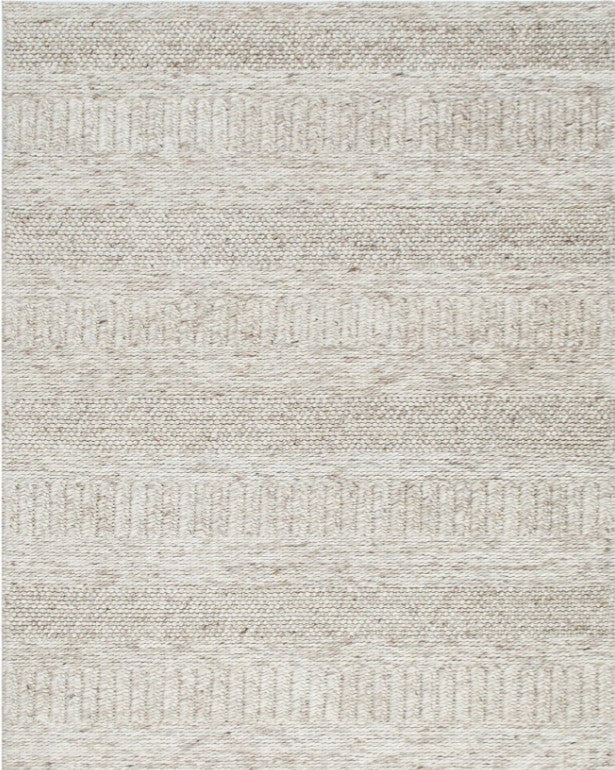 A close-up image of a beige wool and nylon blend rug with a textured pattern.