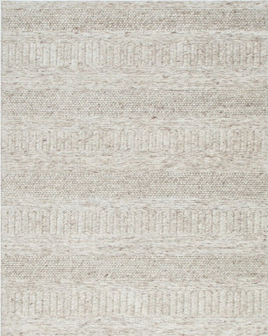 A close-up image of a beige wool and nylon blend rug with a textured pattern.