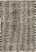 A black wool pile Skandi rug with a plain and textured pattern, hand loomed construction, and flat weave back.