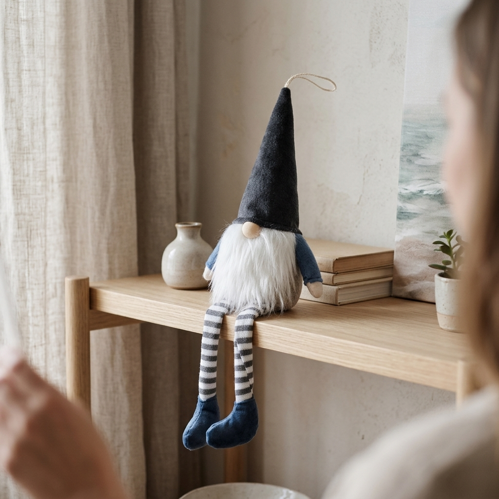 A plush gnome doll with a dark blue pointed hat, white beard, blue sleeves, and striped blue-and-white legs sits on a light wood shelf in a softly styled interior. A person is partially visible in the foreground, and the scene includes a vase, books, and a framed print.