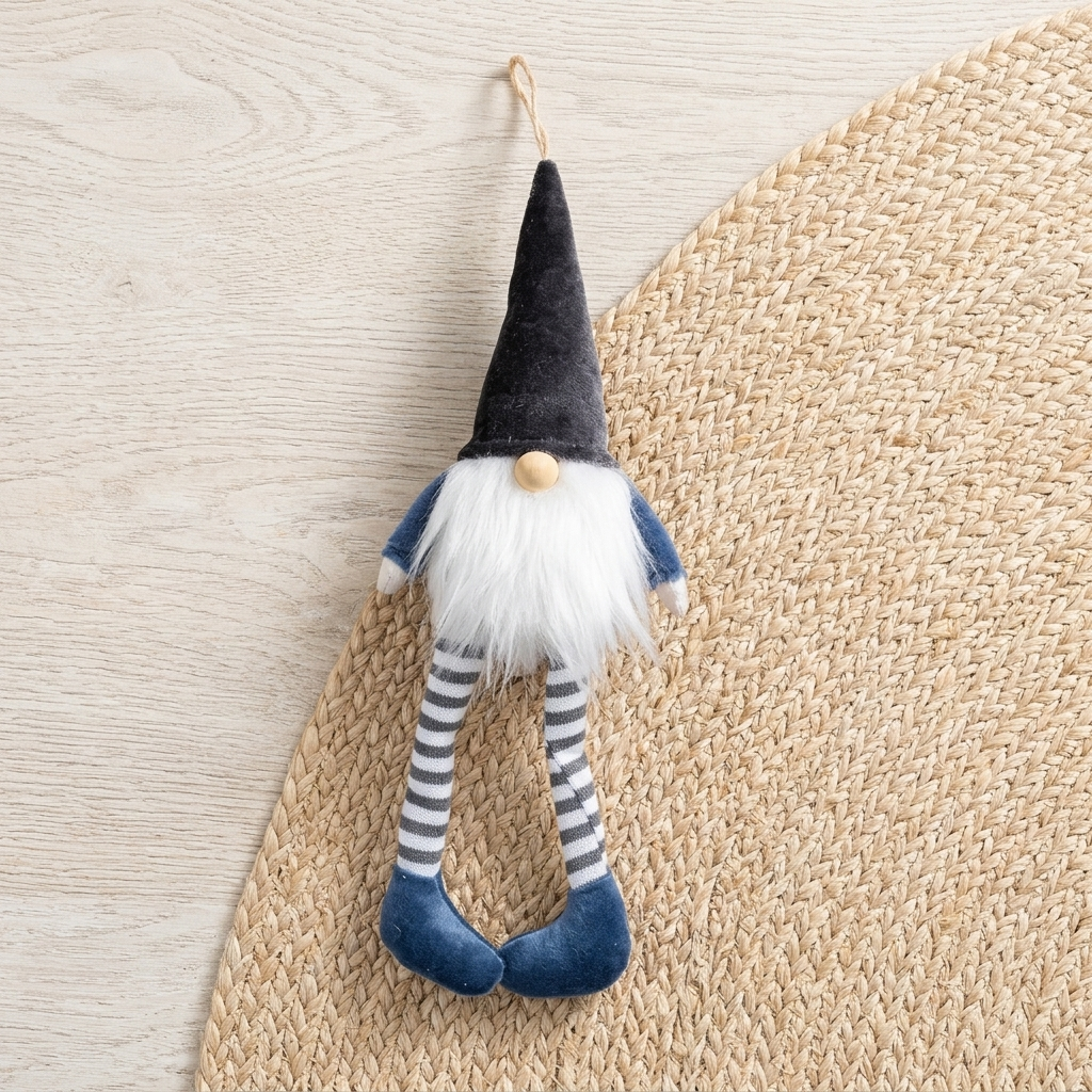 A small hanging gnome decoration with a black pointed hat, white beard, blue sleeves and shoes, and striped blue-and-white legs, photographed on a woven beige mat over a light wood surface.
