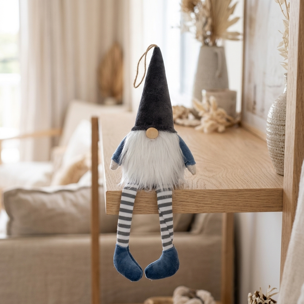 A plush gnome doll with a dark gray pointed hat, white beard, blue sleeves, and striped blue-and-white legs, hanging from a wooden shelf in a softly blurred living room setting.