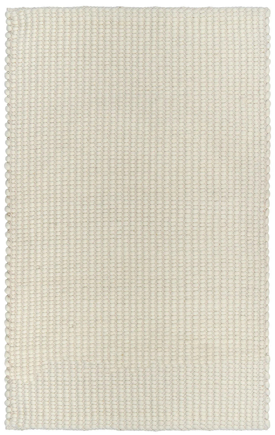 A white, handwoven rug with a textured looped design, made from a blend of wool, viscose, and cotton.