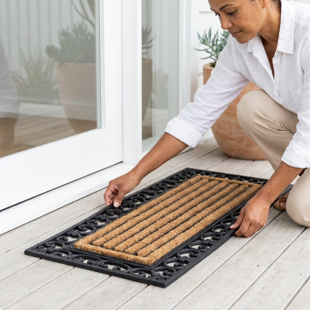 Person installing a doormat on a wooden floor Noosa Rugs
