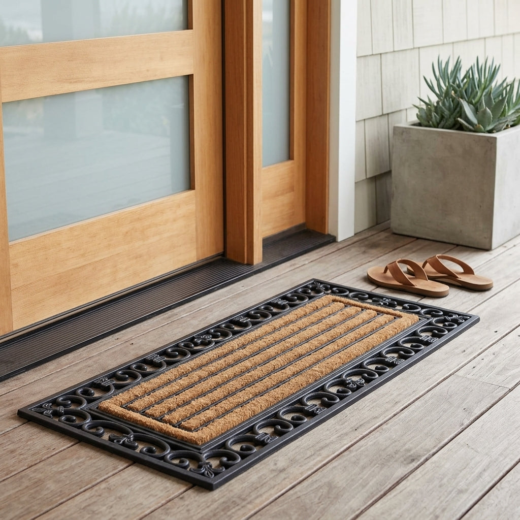 Doormat on a wooden floor outside a house with sandals and a plant nearby.