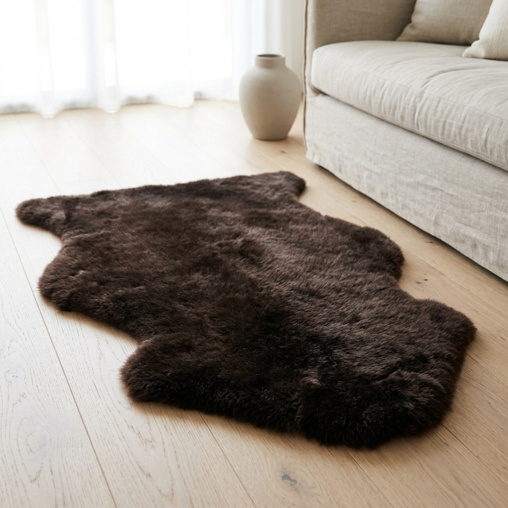 A dark brown shaggy faux fur rug styled on a light wood floor next to a beige sofa and a ceramic vase.