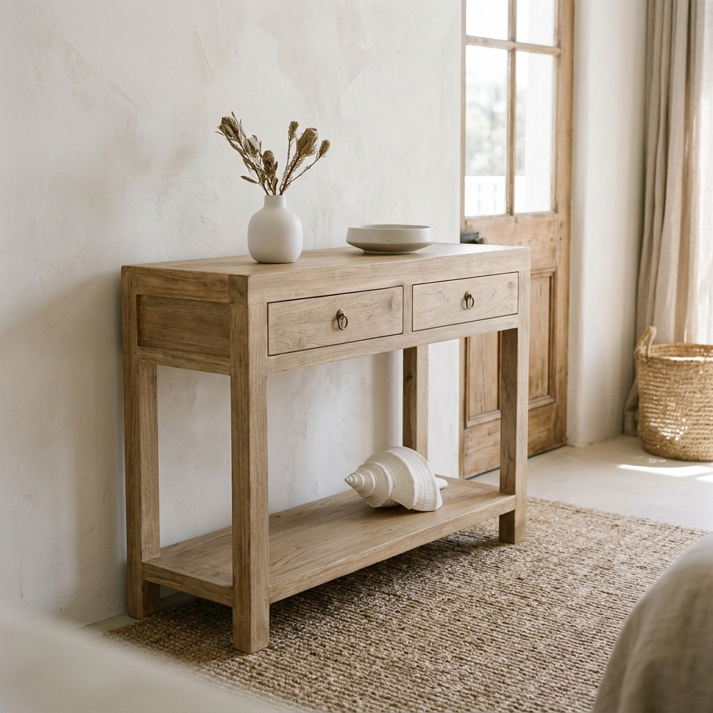 A light natural wood console table with two drawers and an open lower shelf, styled in a bright, neutral-toned room with a vase of dried grass, a bowl, and a seashell on top.