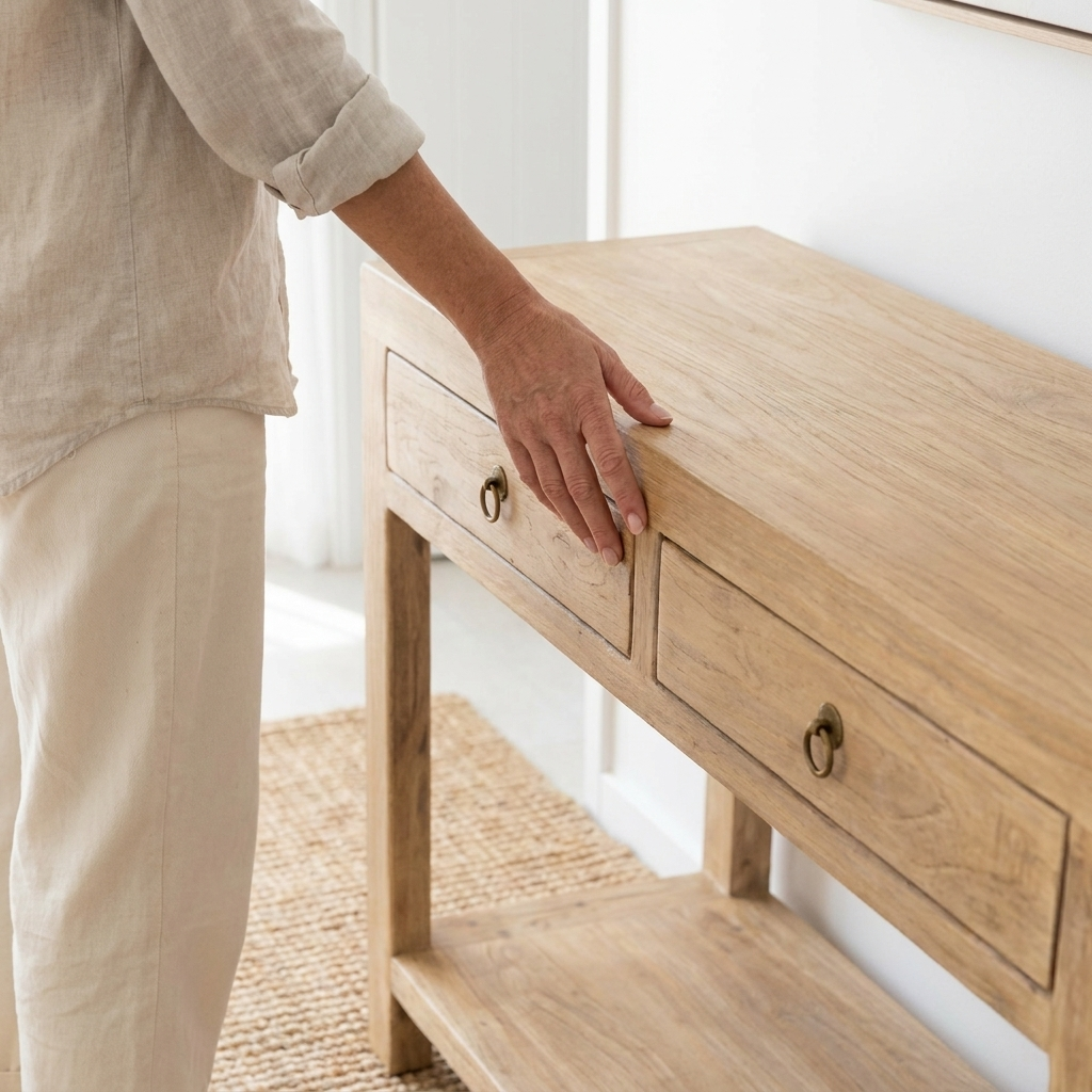 A light natural wood console table with two drawers and a lower shelf, shown in a bright room. A person wearing a beige linen shirt and pants is standing beside it, with one hand resting on the tabletop.