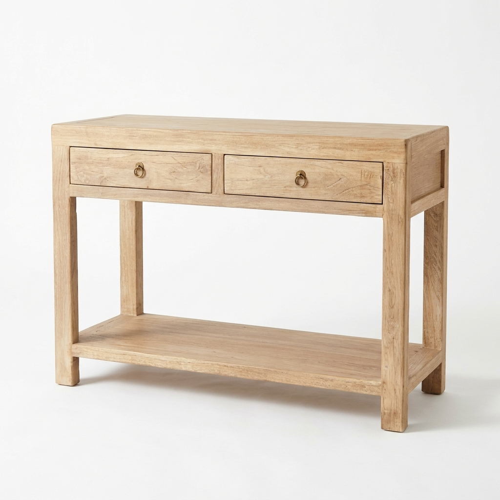 A light natural wood console table with two drawers, round metal pulls, and an open lower shelf, shown on a clean white studio background.