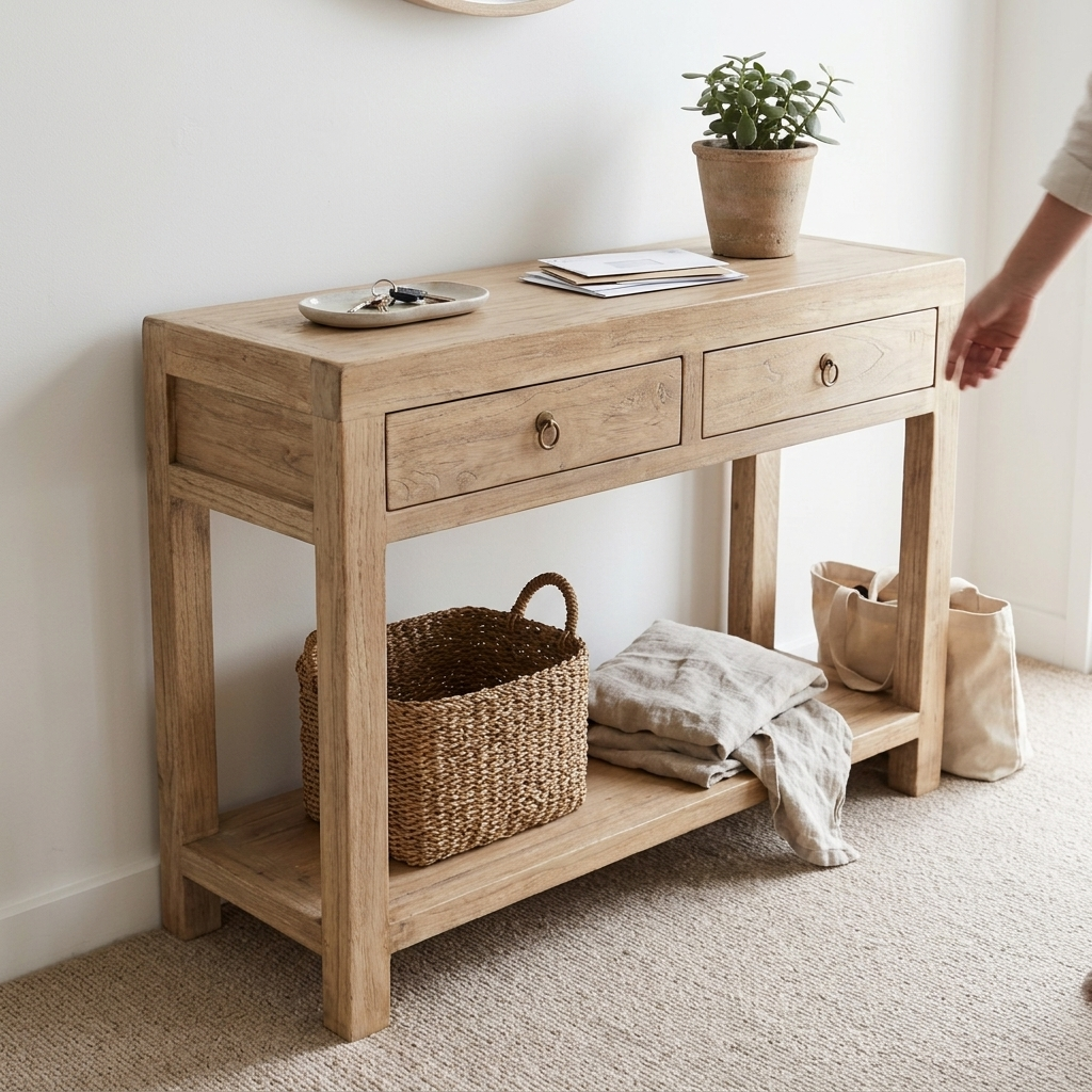 A light natural wood console table with two drawers and an open lower shelf, styled with a potted plant, tray, books, a woven basket, folded linens, and canvas bags in a bright room. A person's arm is visible on the right side.