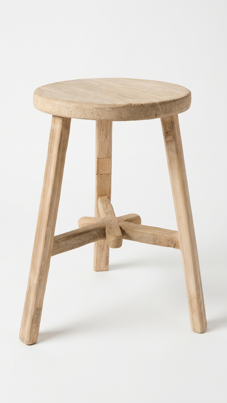 A light natural wood stool with a round seat and four angled legs connected by a crisscross central brace, shown on a clean white background.