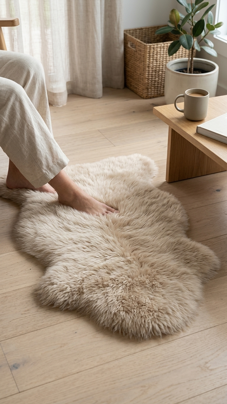 Person touching a fluffy rug on a wooden floor in a cozy room.