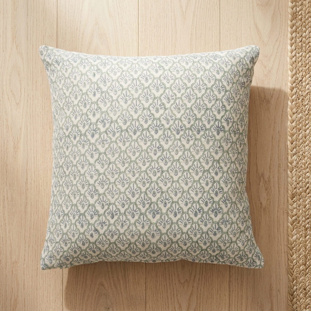 A square throw pillow with a repeating blue-gray and off-white floral pattern, resting on a light wood plank floor next to a woven jute rug.