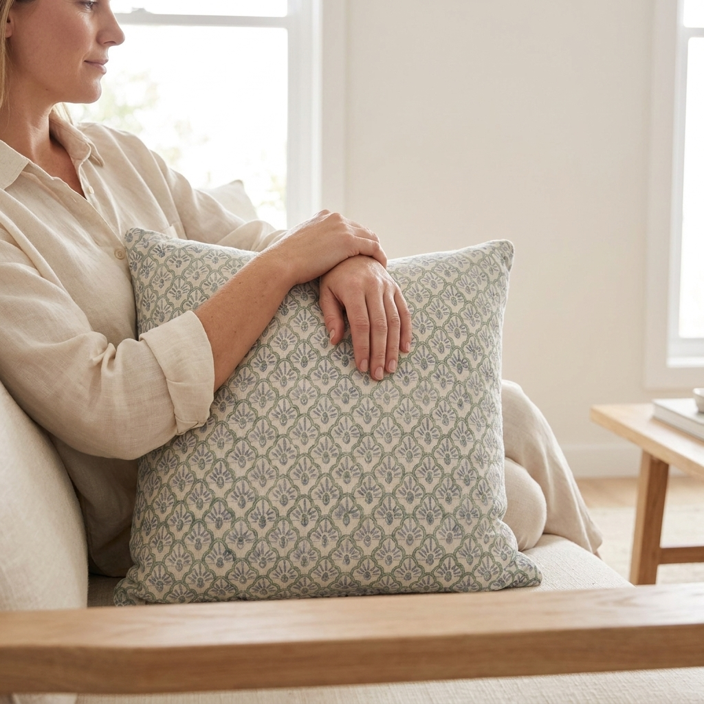 A woman in a beige linen shirt sits on a light-colored sofa holding a square throw pillow with a muted blue-gray and cream damask pattern in a bright, modern living room.