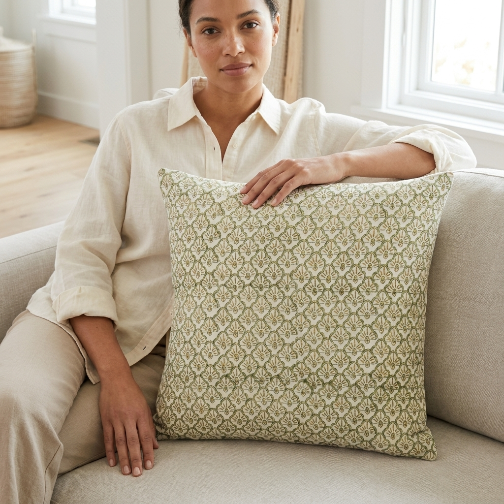A woman in a cream linen shirt and beige pants sits on a light beige sofa, holding a square decorative throw pillow with a green and beige geometric pattern.