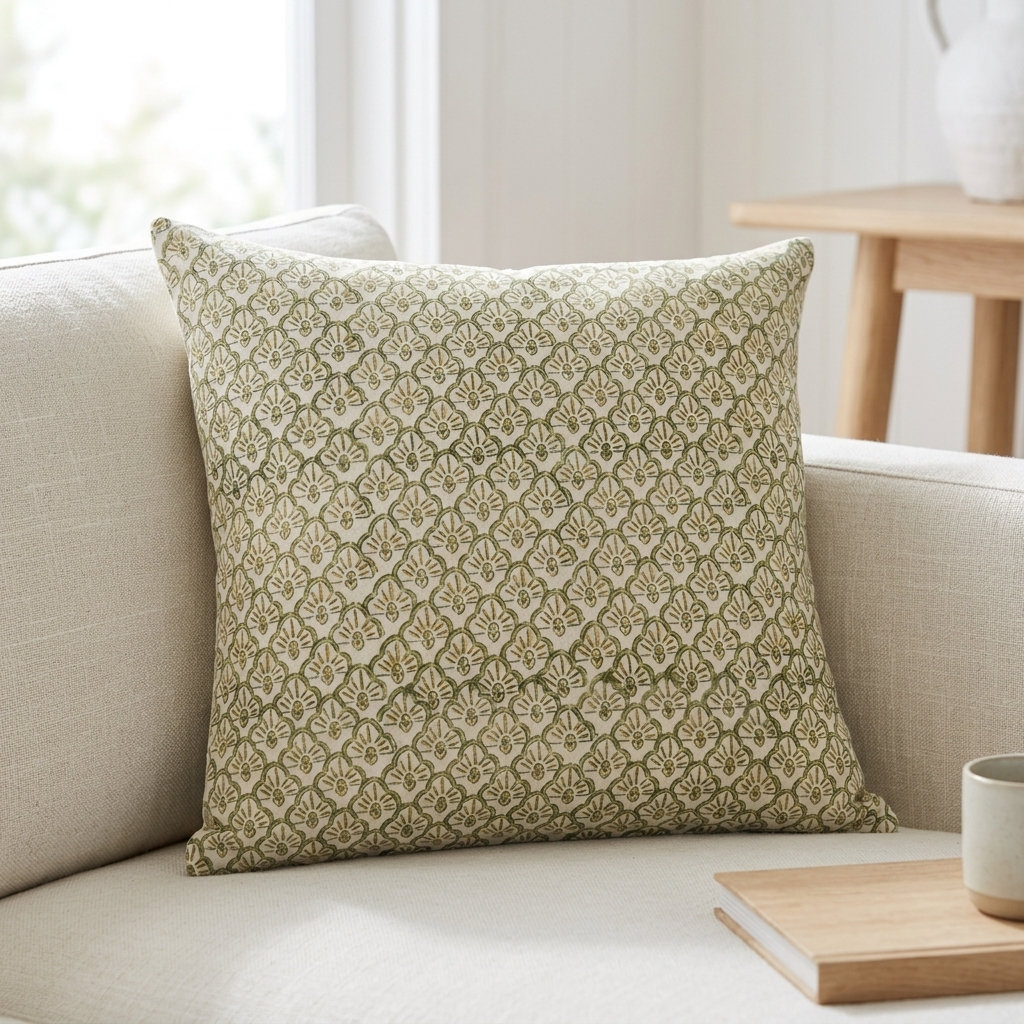A square throw pillow with an olive green and beige geometric leaf pattern, resting on a light beige fabric sofa in a bright, modern living room setting.