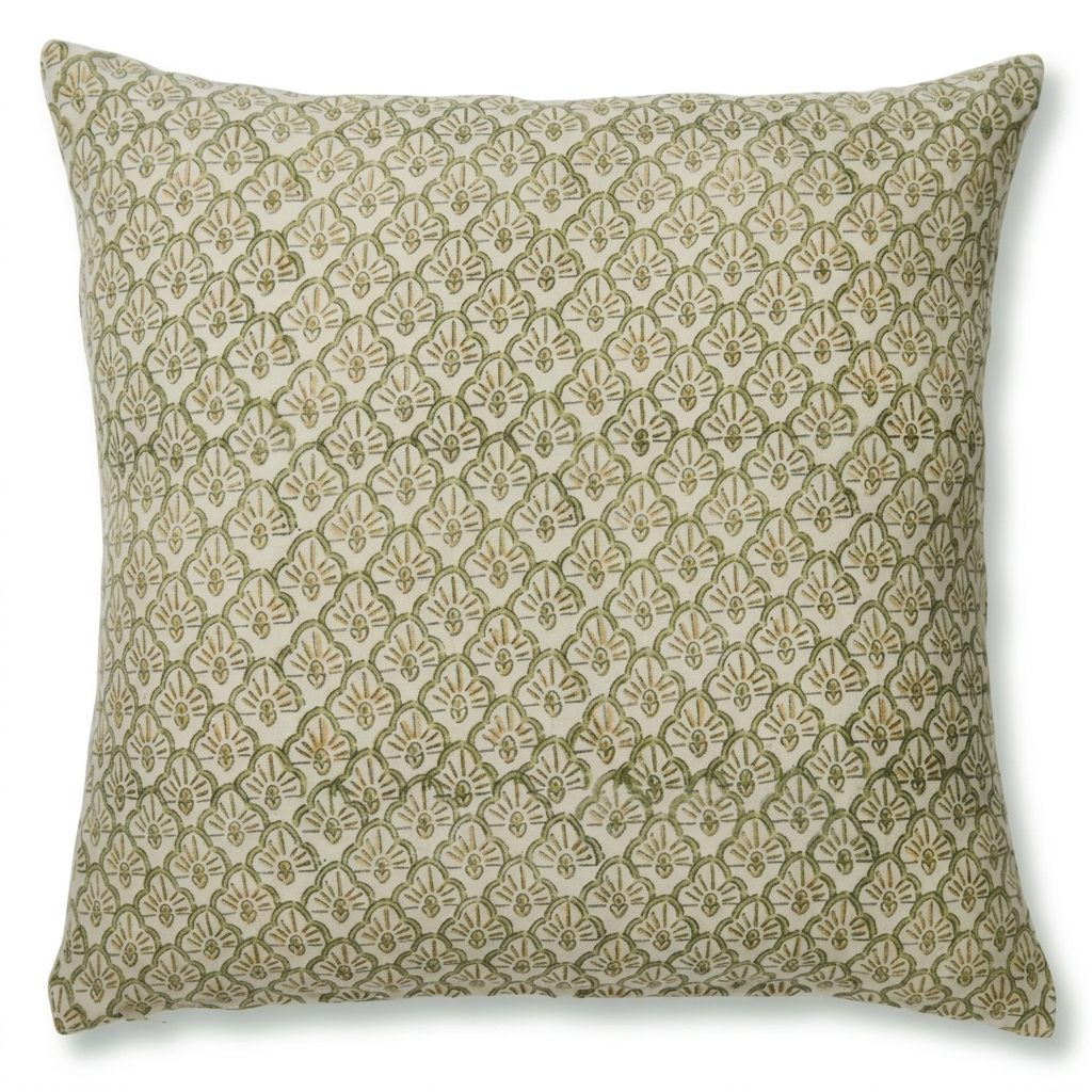A square decorative throw pillow featuring an all-over repeating damask-style floral pattern in muted olive green and beige.