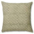A square decorative throw pillow featuring an all-over repeating damask-style floral pattern in muted olive green and beige.
