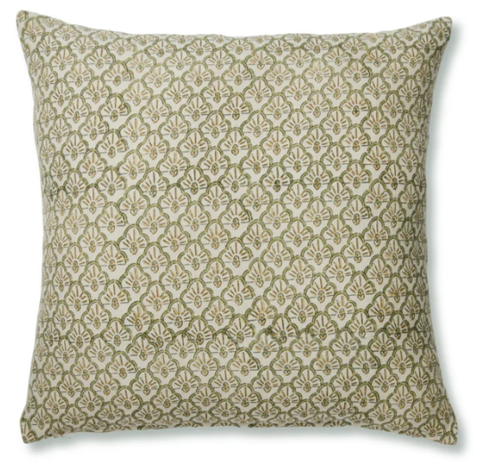 A square decorative throw pillow featuring an all-over repeating block-print style floral and geometric pattern in muted olive green and beige on an off-white background.