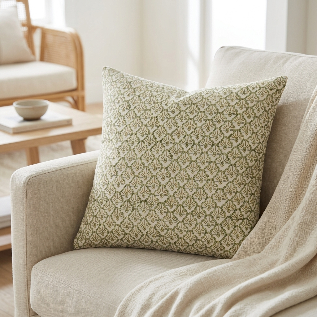 A square decorative throw pillow with an olive green and cream geometric floral pattern, resting on a light beige linen armchair in a bright, modern living room setting.