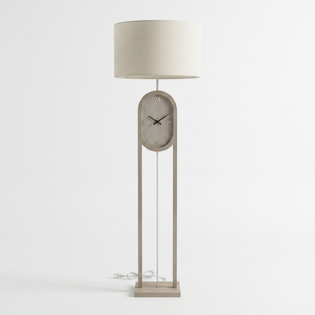 A modern floor clock lamp with a cylindrical off-white fabric drum shade, an oval clock face integrated into a slim vertical metal frame, and a square base, shown against a plain white background.