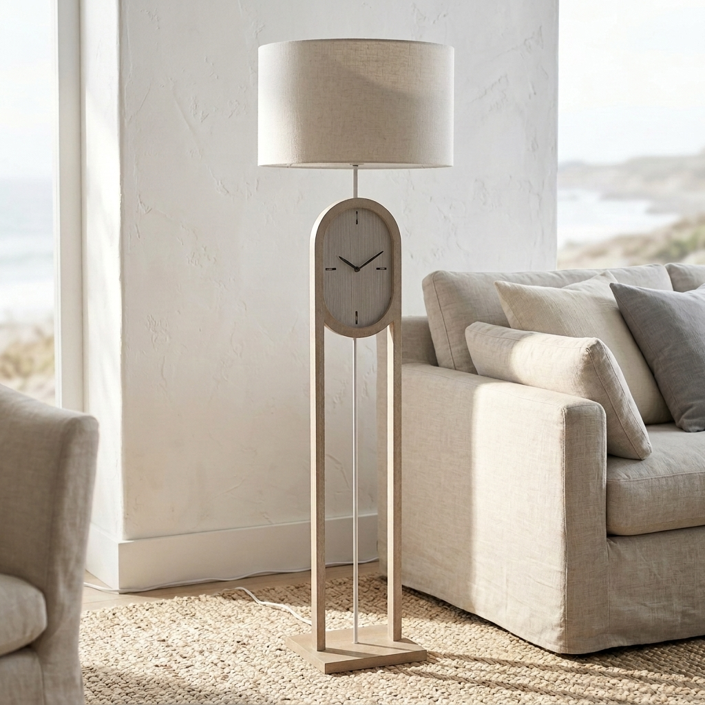 A modern floor lamp with a cylindrical beige fabric shade, a central oval clock face, and a slim rectangular wooden base, styled in a bright living room next to a beige sofa.