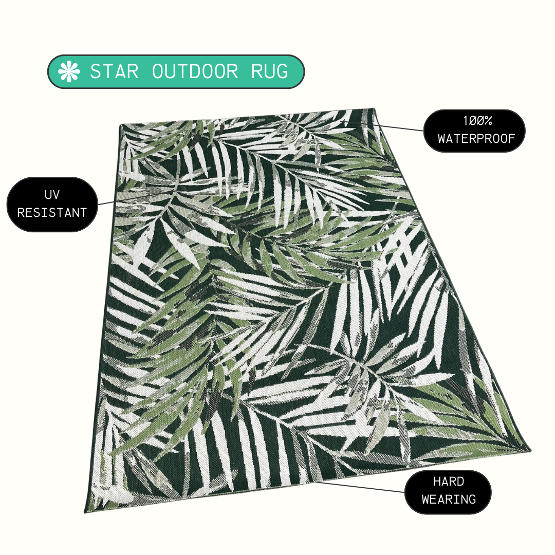 Green outdoor rug with leaf pattern, labeled as waterproof and UV resistant.