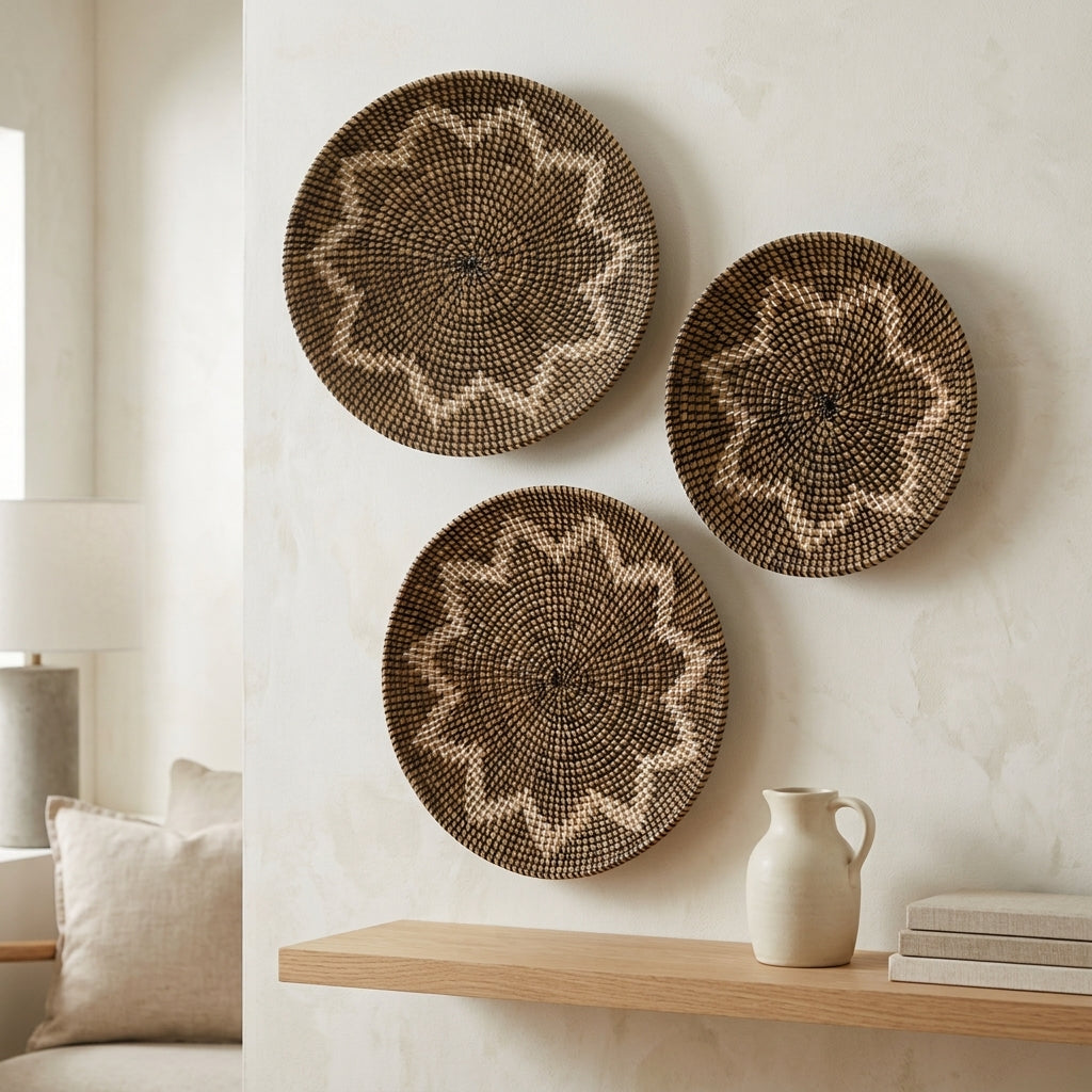 Three round woven wall baskets with starburst patterns in dark brown and beige, displayed on a textured off-white wall above a wooden shelf with a ceramic pitcher and books.