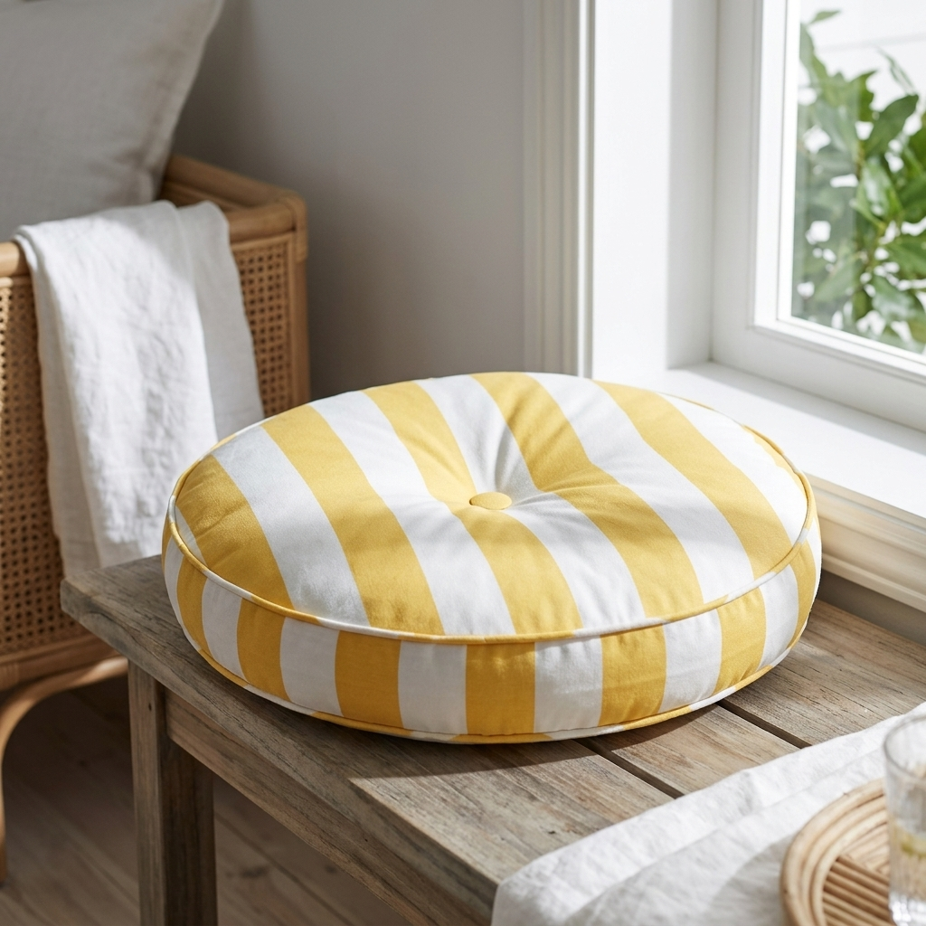 A round floor cushion with yellow and white vertical stripes sits on a rustic wooden table in a bright room next to a window.