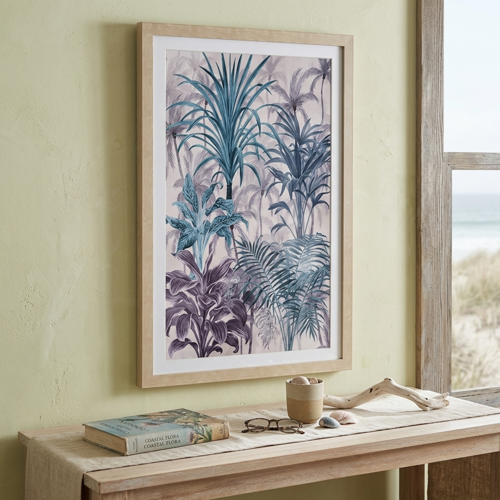 A framed botanical art print featuring blue and purple tropical palm leaves, hanging on a light green wall above a wooden console table with a book, cup, and driftwood.