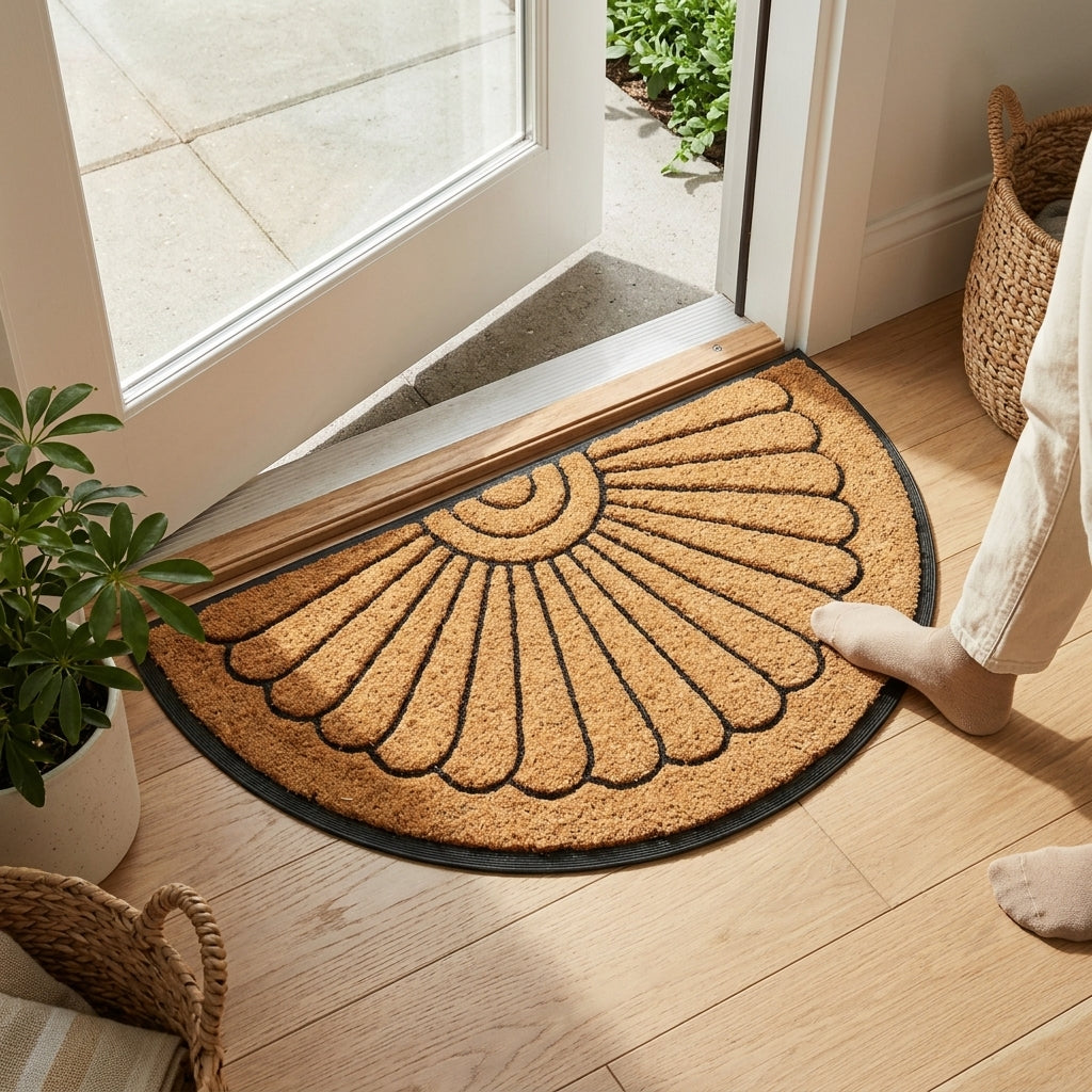 Doormat with shell pattern on a wooden floor next to a glass door.