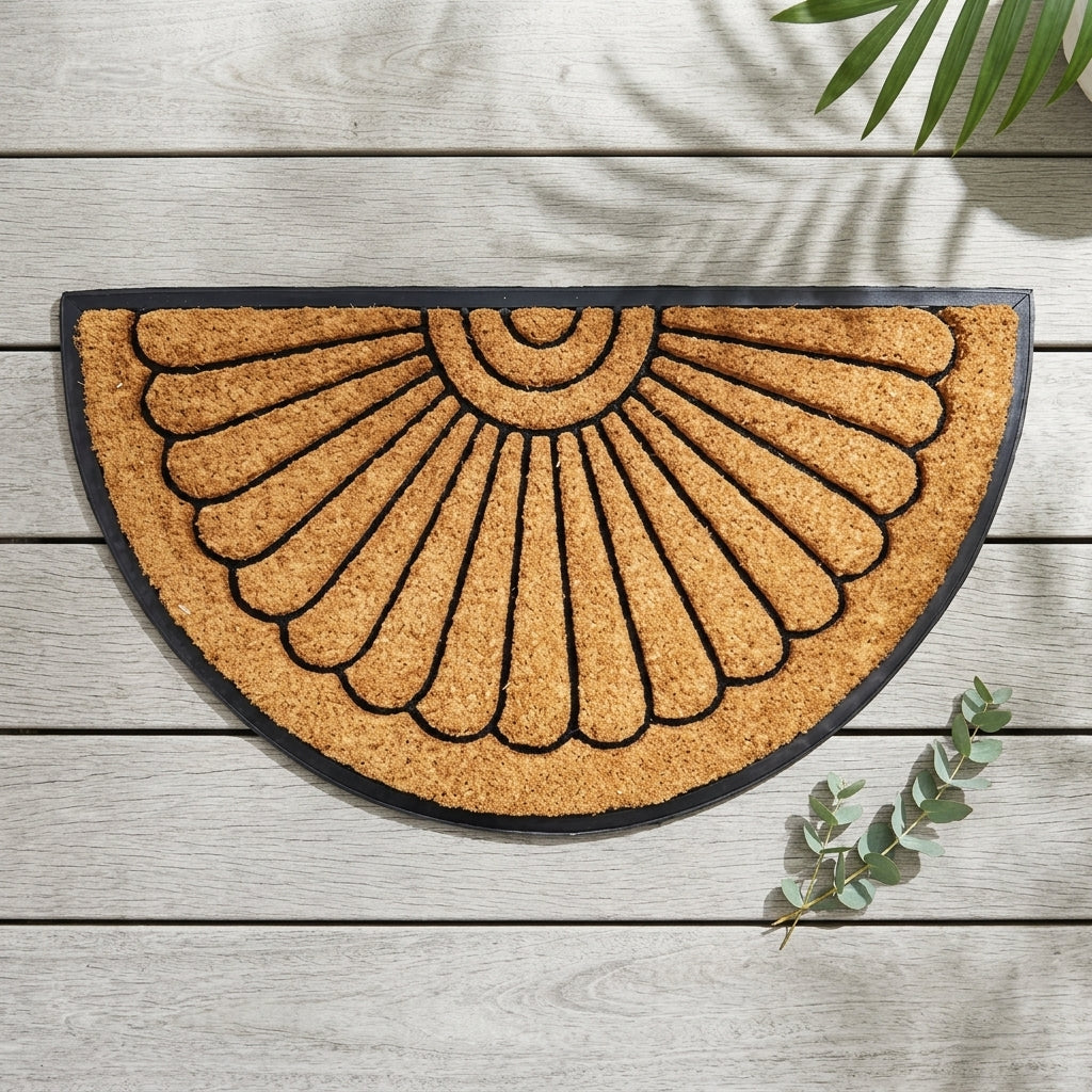 Semi-circular doormat with sunburst design on a wooden floor