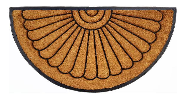 Semicircular doormat with sunburst pattern on a white background