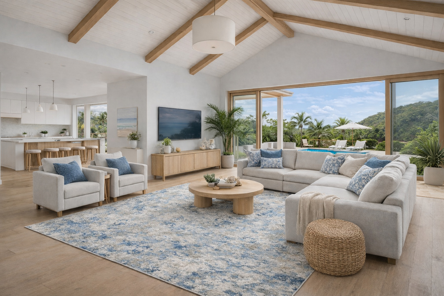 Modern living room with white furniture, large windows, and a view of mountains.