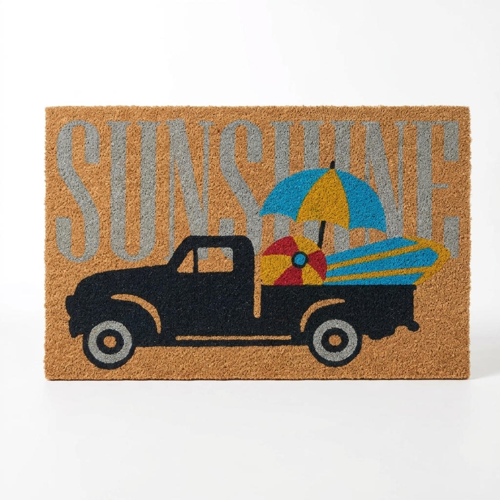 A rectangular coir doormat featuring a black pickup truck carrying a blue and yellow beach umbrella and a striped surfboard, with the word 'SUNSHINE' in large gray letters across the top.