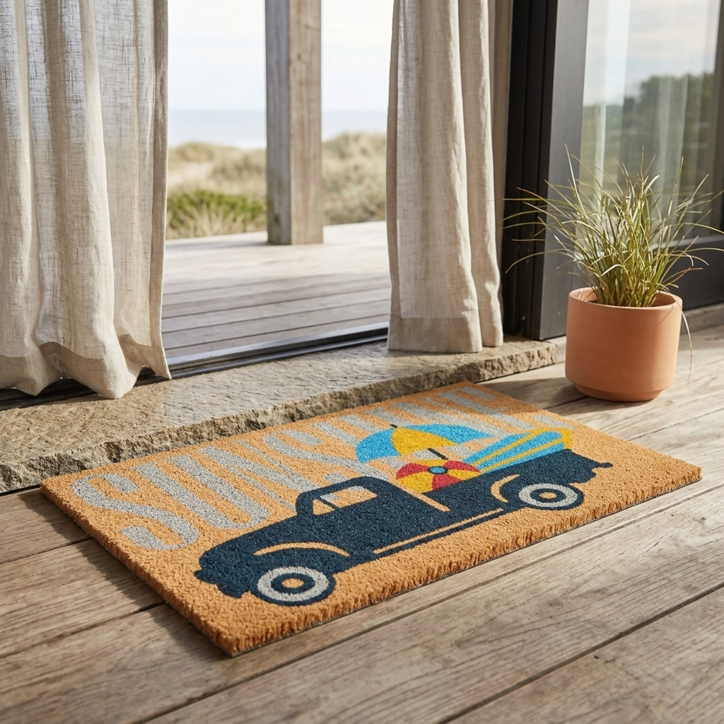 A rectangular coir doormat with a cartoon beach truck carrying a yellow beach umbrella, placed on a wooden deck in front of a glass door with curtains and a potted plant nearby.