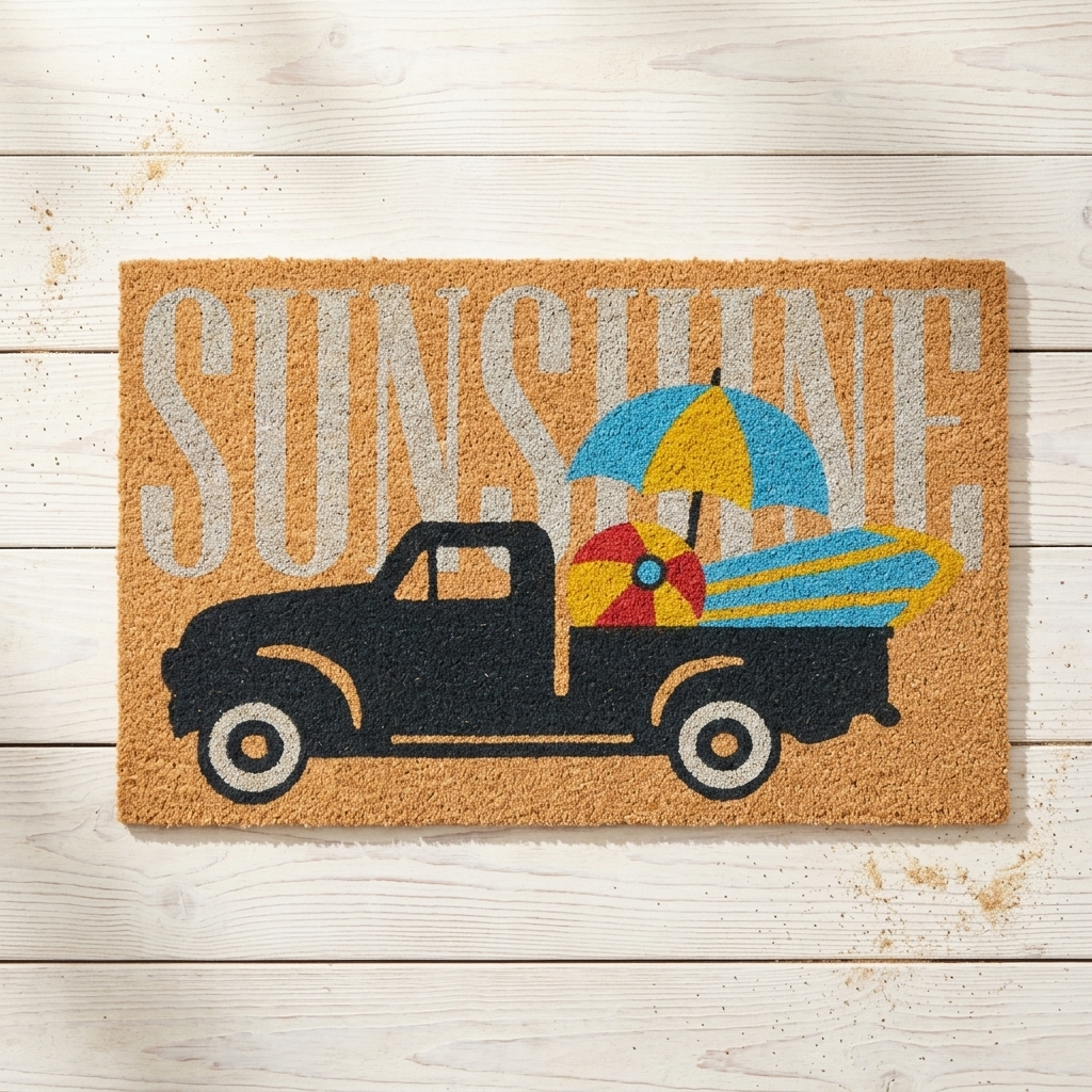 A rectangular coir doormat with a rustic design featuring the word 'SUNSHINE' in large white letters, a black pickup truck carrying a blue and yellow beach umbrella and a surfboard, set against a light wood plank background.