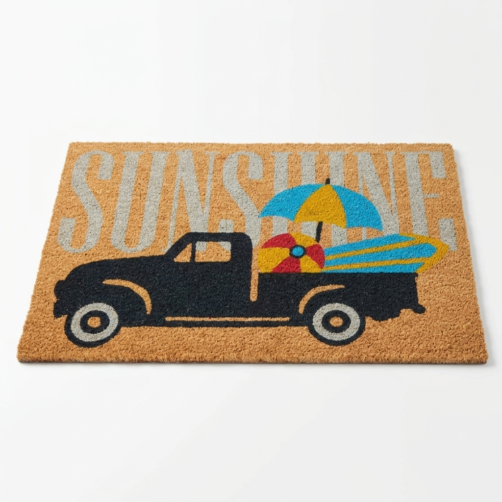 A rectangular coir doormat featuring a black pickup truck carrying a blue, yellow, and red beach umbrella and surfboards, with the word 'SUNSHINE' in large light gray letters across a natural tan background.