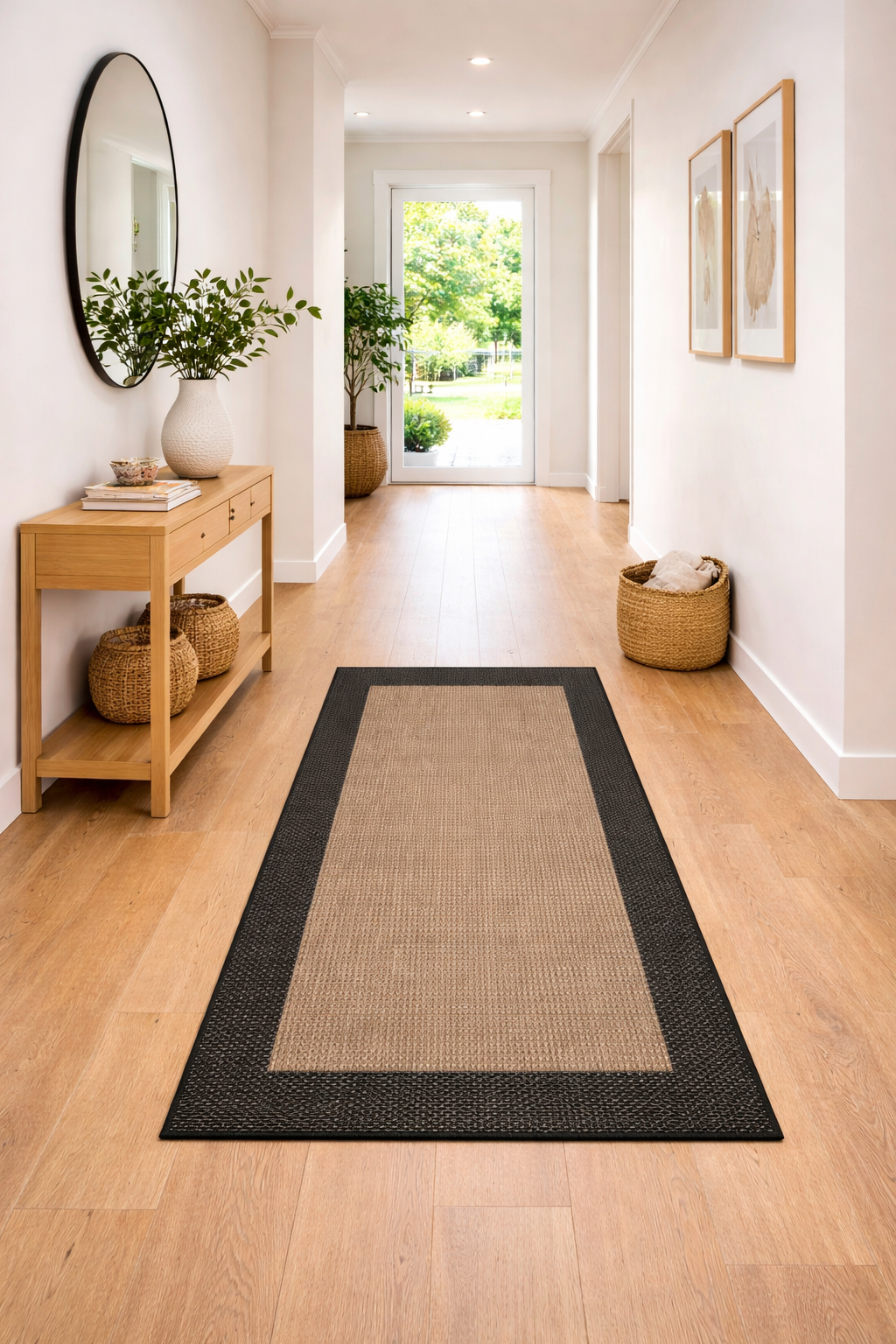 Hallway with a woven rug, wooden console table, and decorative elements.