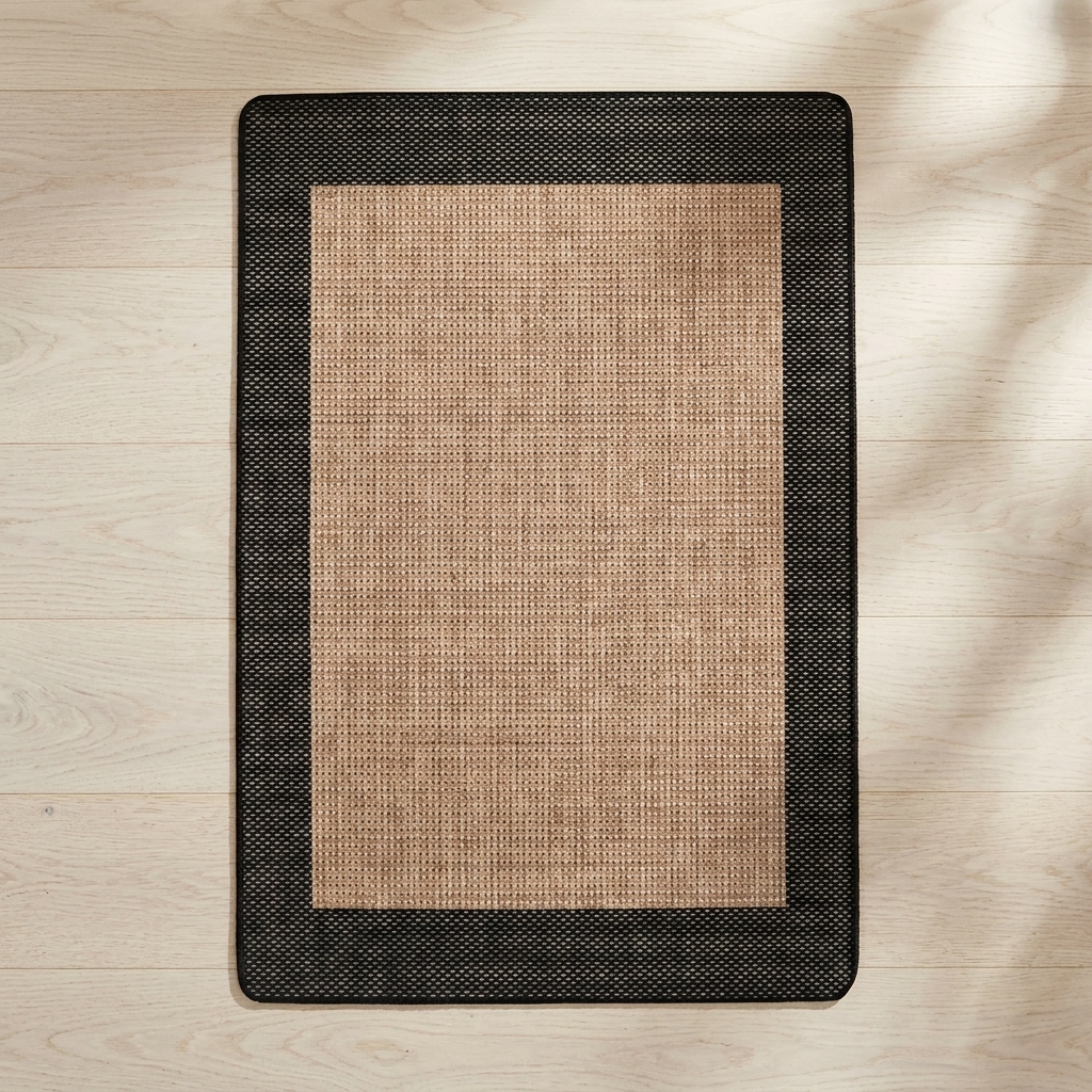 A rectangular area rug with a natural tan woven center and a contrasting black textured border, laid flat on a light wood floor with soft leaf shadows.