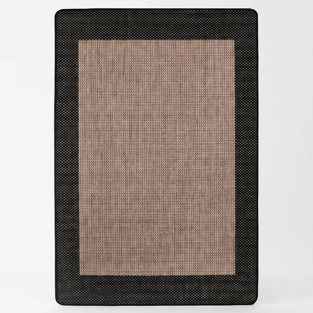 A rectangular woven rug with a wide black border and a central tan-brown textured field, shown flat against a light gray background.