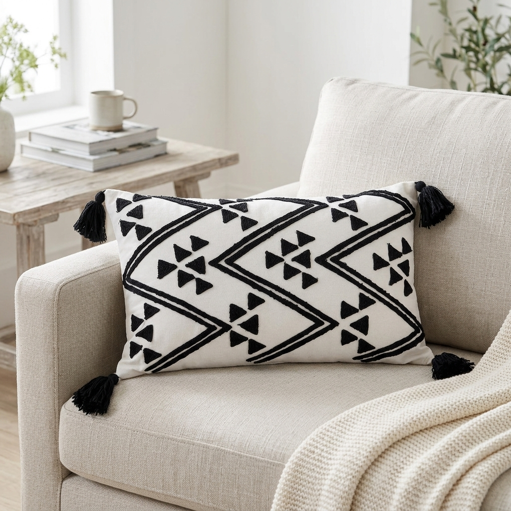 A rectangular throw pillow with a black geometric tribal pattern on a white background, featuring black tassels at the corners, resting on a light beige armchair in a bright living room setting.