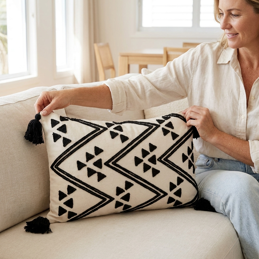 A woman sitting on a light beige sofa holds a square throw pillow with a black geometric pattern on an off-white background. The pillow features black tassels on the sides.