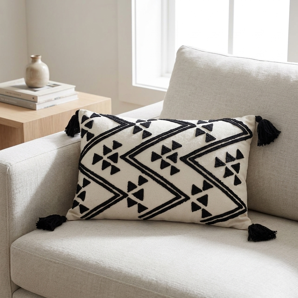 A rectangular throw pillow with a black geometric pattern on a cream background, styled on a light beige sofa in a bright living room setting.