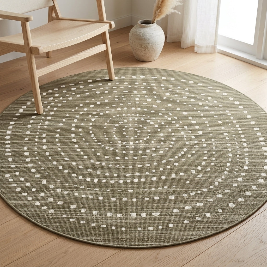 A round area rug with a textured olive green base and a white dotted spiral pattern, styled on a light wood floor in a bright room next to a wooden chair and a vase.