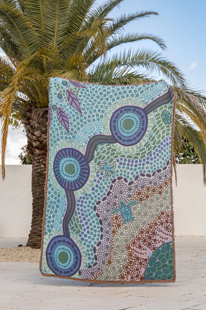 Colorful abstract patterned rug with palm trees in the background