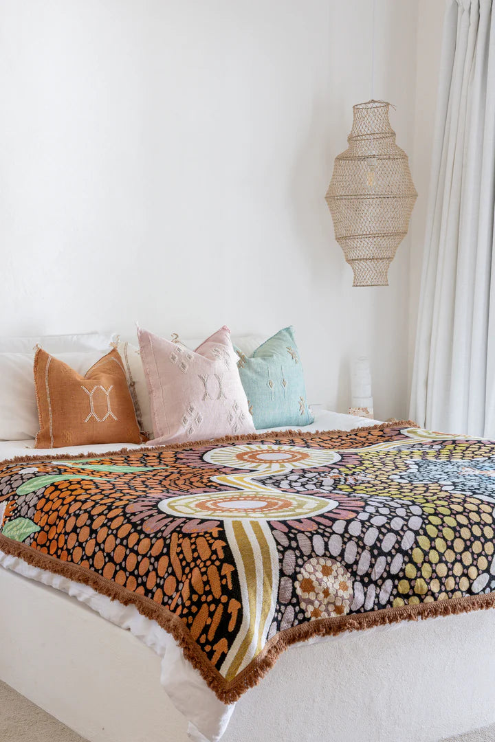 Decorative blanket with a colorful pattern on a bed in a bedroom setting.