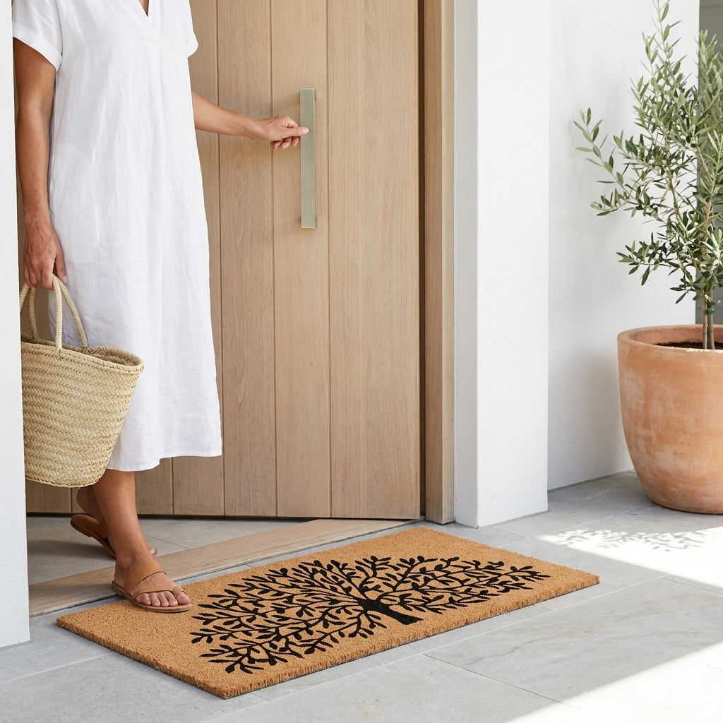 Person entering a house through a wooden door with a decorative doormat featuring a tree design.