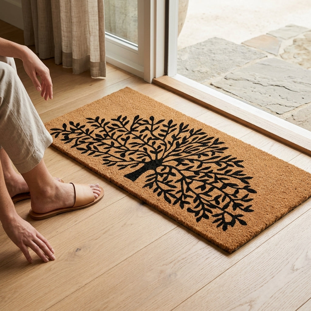 Doormat with tree design on a wooden floor next to a glass door.