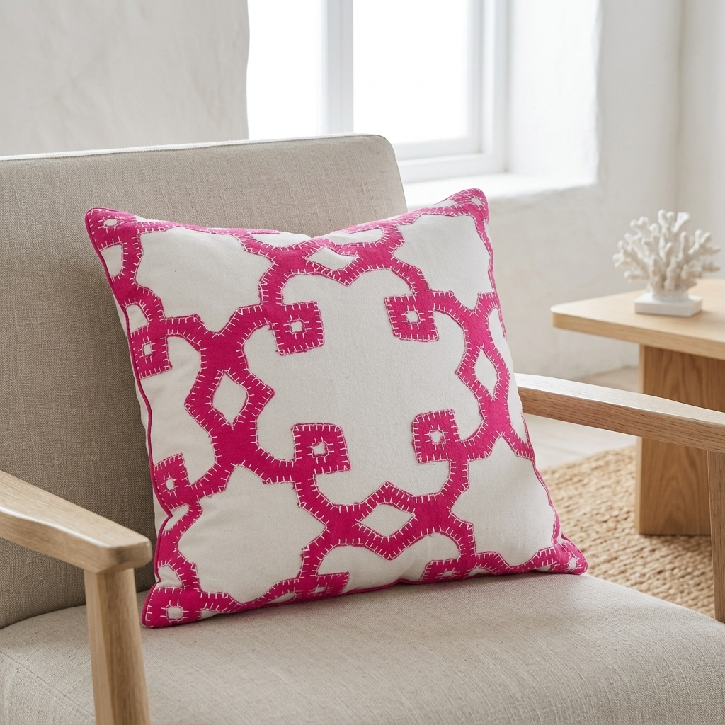 A square throw pillow with a white background and a vibrant magenta geometric trellis pattern, styled on a light beige upholstered armchair in a bright, modern room.